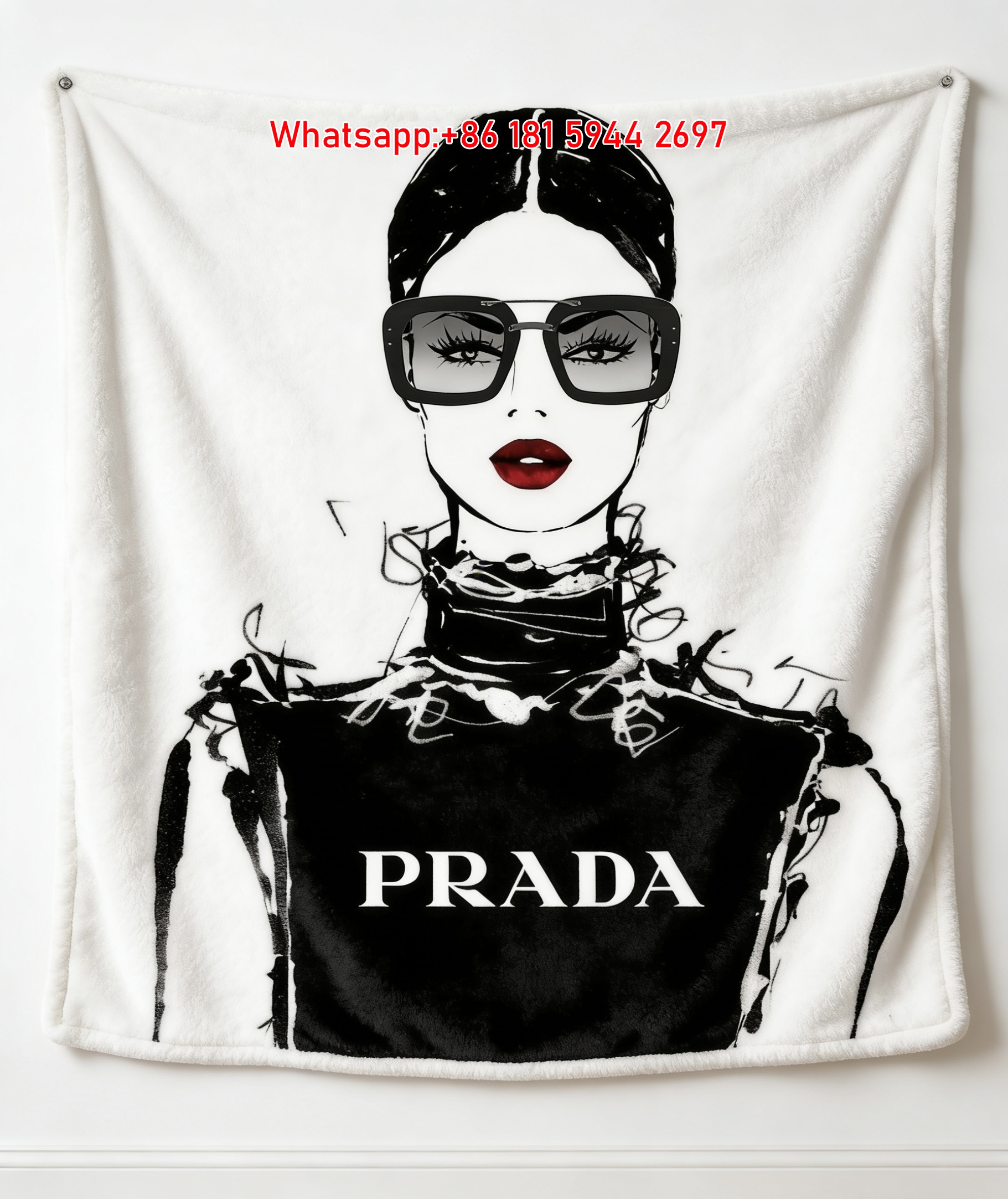 Prada Fashion Girl with Sunglasses Red Lip Black White Print Fleece Sofa Throw Blanket IMG_2698